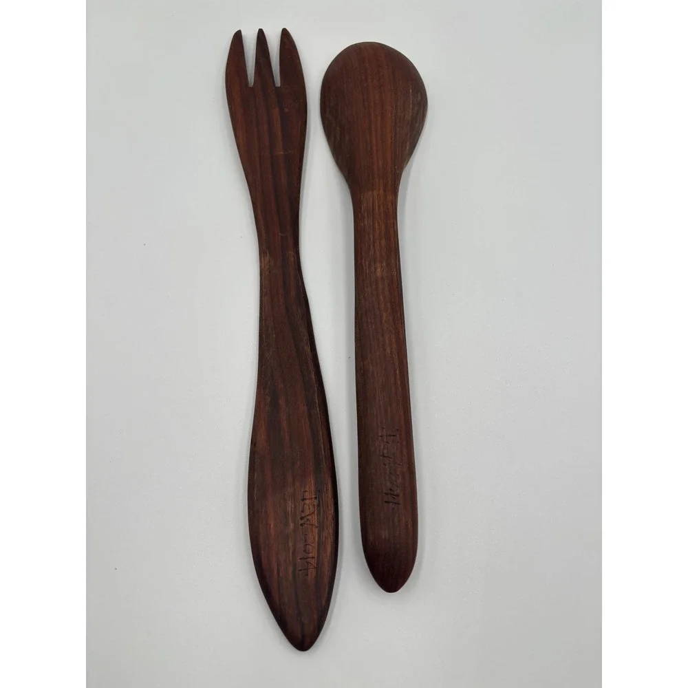 Artisan Hand Carved Wooden Salad Server Set Signed JEW 2014 Dark Wood Fork Spoon